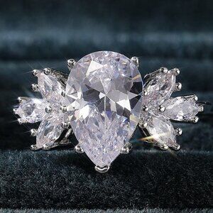 💍Beautiful Water Drop With Leaf Crystal Pure CZ Silver Pear Wedding Ring, K800